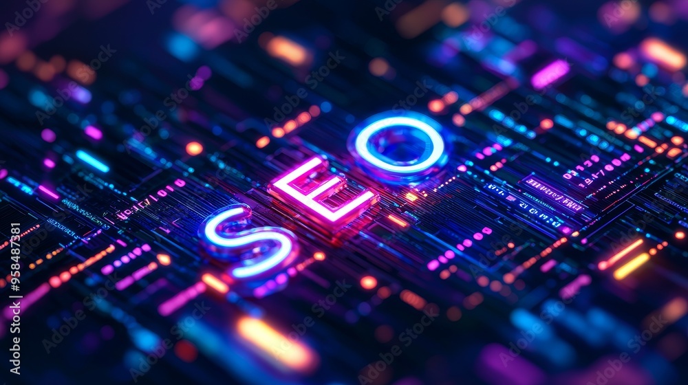 Vibrant digital background featuring neon letters spelling SEO, representing search engine optimization and technology advancements. Vibrant digital background featuring neon letters spelling SEO, representing search engine optimization and technology advancements.