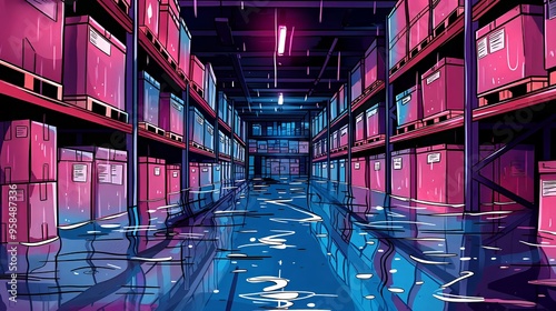 Flooded warehouse storage facility with rows of pink storage boxes units showcasing climate change impact, illustration
