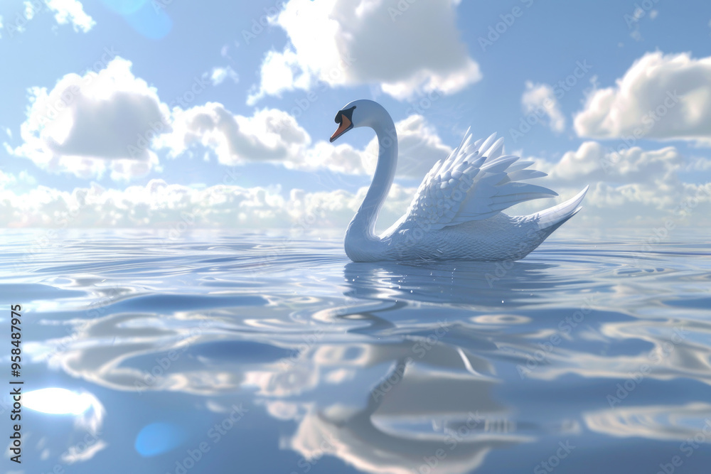 Fototapeta premium A white swan gracefully swims across a tranquil lake, reflecting the beautiful sky filled with soft clouds in the background