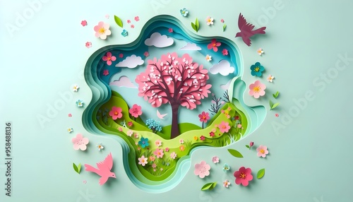 Paper cut and Craft Scene of Scenic Cherry blossoms landscape photo