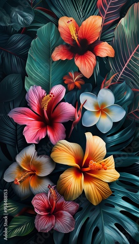 Tropical Flowers and Lush Green Leaves