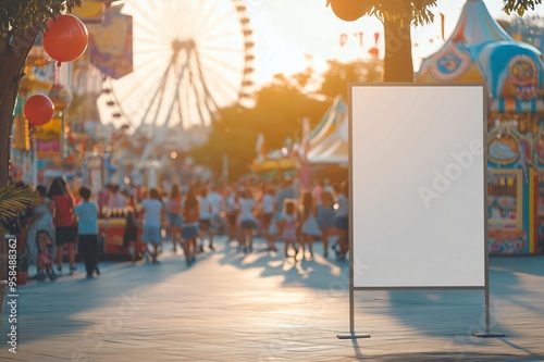 Empty billboard in an amusement park as families enjoy the sunset