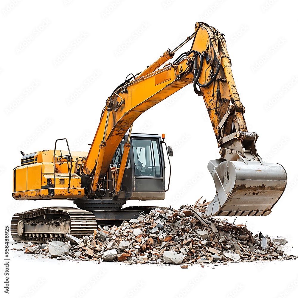 A yellow excavator with its bucket raised is positioned in front of a pile of rubble.