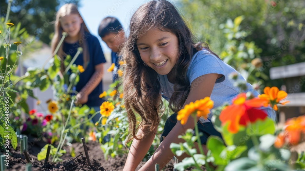 Environmental education with students planting flowers in a school garden Environmental education with students planting flowers in a school garden