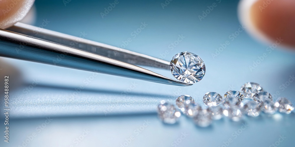 Close-Up of a Diamond Being Placed on a Blue Background Close-Up of a Diamond Being Placed on a Blue Background