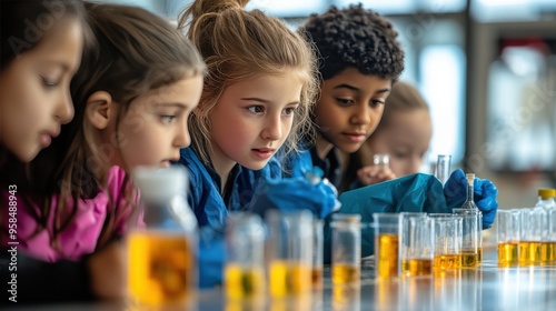 Diverse Children Conduct Experiment in Science Lab with Beaker and Lab Coat