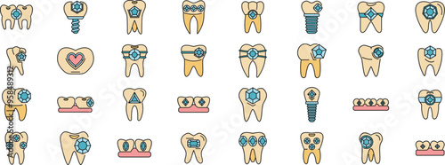 Set of dental jewelry, tooth gem, grillz and implant icons showing different ways of teeth modification and decoration