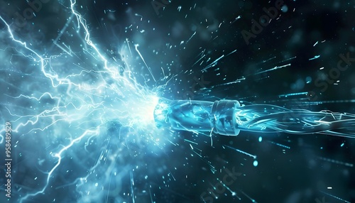Dynamic electric energy burst with glowing blue lightning in a dark, chaotic, and exciting atmosphere, representing power and technology.