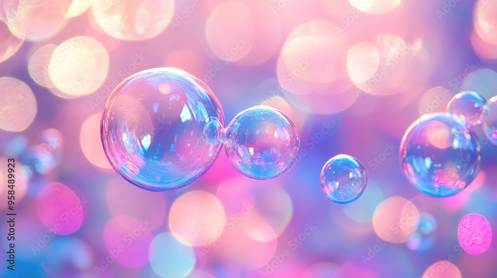 Soap bubbles in vivid pink, blue, and purple against a bright, bokeh background, offering a playful and colorful scene.