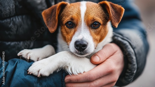 A small dog is held by a person. This photo is perfect for websites and social media posts about pets, love, and companionship.