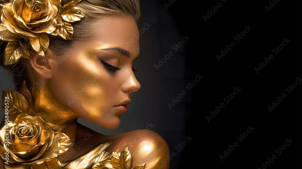 gorgeous blond young woman covered in golden metallic paint; profile of girl with closed eyes with golden roses; black background; copy space gorgeous blond young woman covered in golden metallic paint; profile of girl with closed eyes with golden roses; black background; copy space