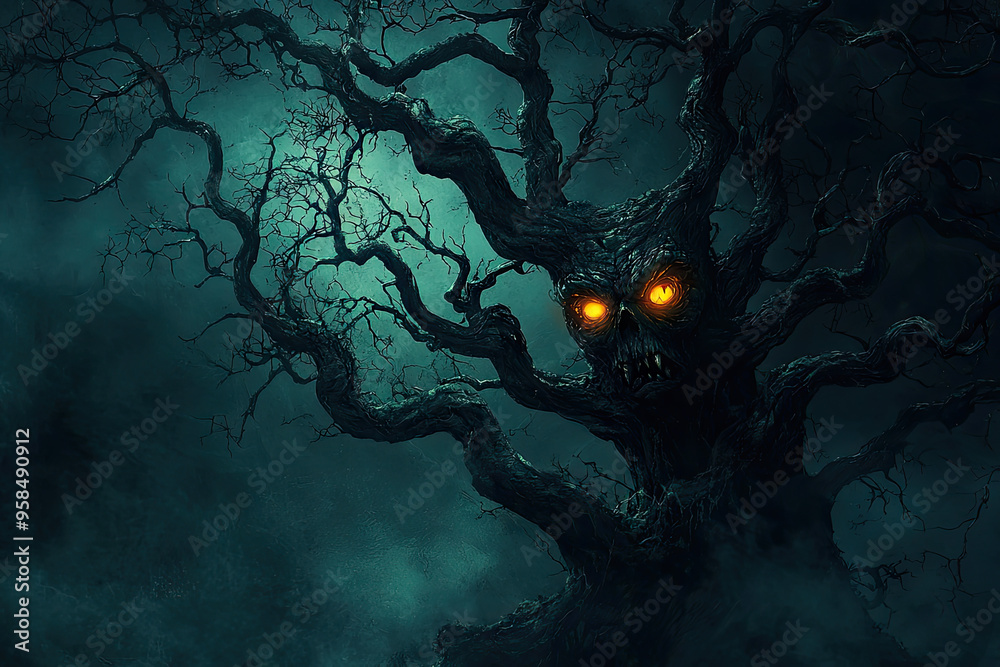 Φωτογραφία The Twisted Terror: A monstrous tree with glowing eyes stares from the depths of a dark forest, promising a haunting encounter