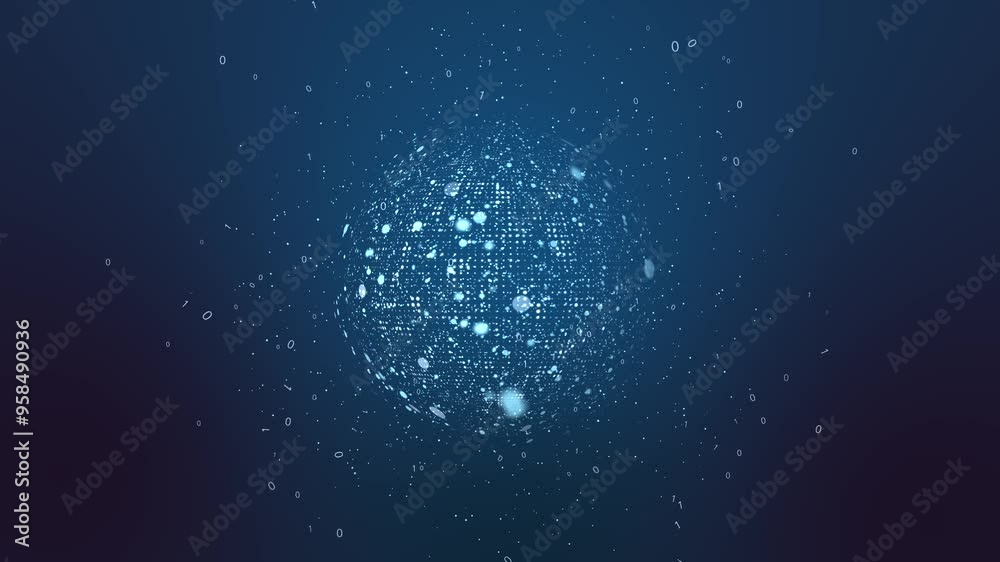 A view of the network with glowing 
white spheres, flowing code and particles which represents data. Technology animation in the blue gradient background.