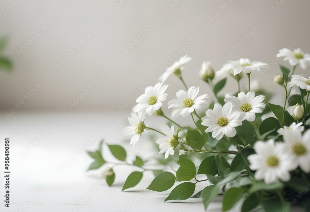 A blurred background with white flowers and green leaves, with a shallow depth of field and a soft, dreamy atmosphere A blurred background with white flowers and green leaves, with a shallow depth of field and a soft, dreamy atmosphere