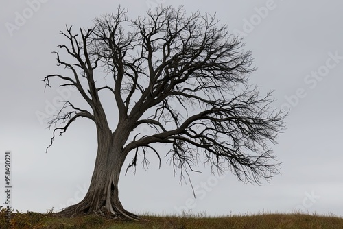 Lonely Gnarled Dead Tree Silhouette on White Background photo