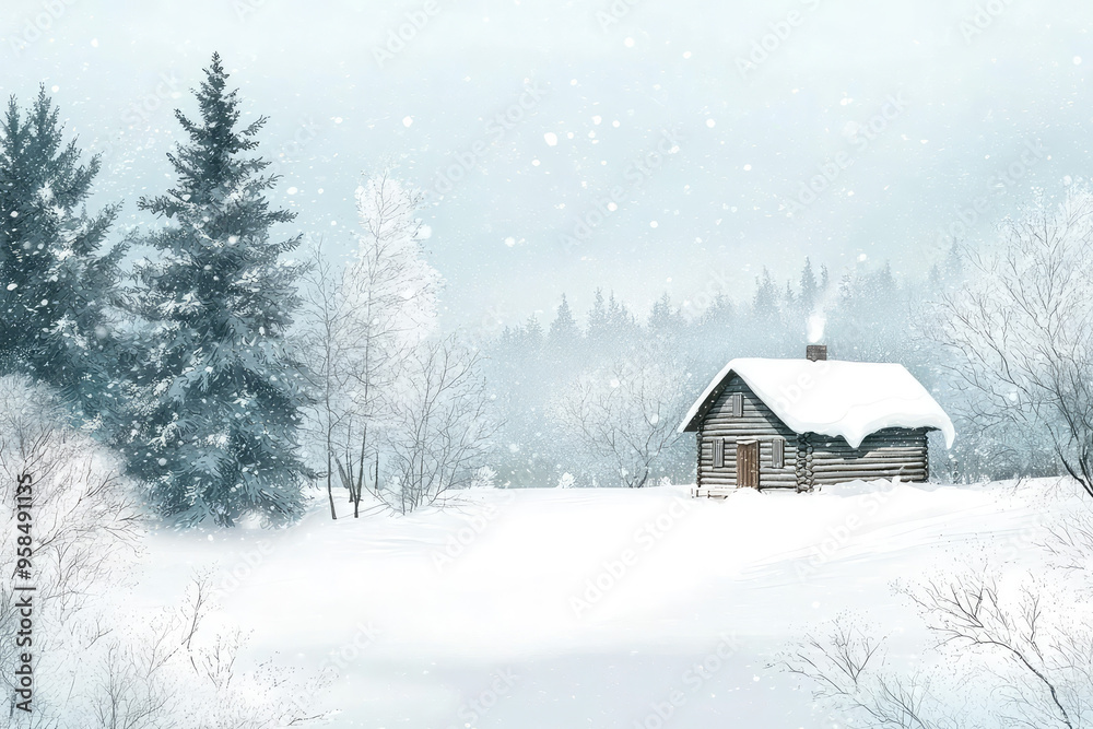 A Cozy Cabin Nestled in a Snowy Forest, Smoke Curling from its Chimney, a Peaceful Winter Wonderland A Cozy Cabin Nestled in a Snowy Forest, Smoke Curling from its Chimney, a Peaceful Winter Wonderland
