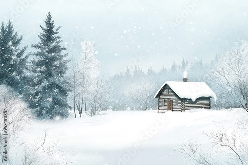 A Cozy Cabin Nestled in a Snowy Forest, Smoke Curling from its Chimney, a Peaceful Winter Wonderland