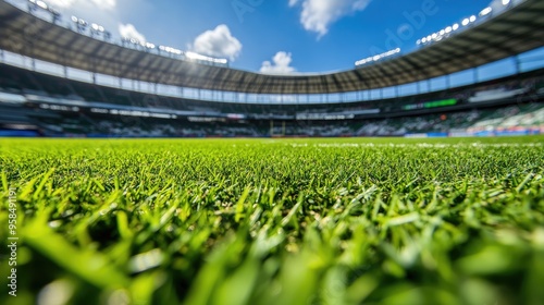 Wallpaper Mural Stadium with green grass on the football field, a ground-level perspective capturing the immensity of the venue Torontodigital.ca