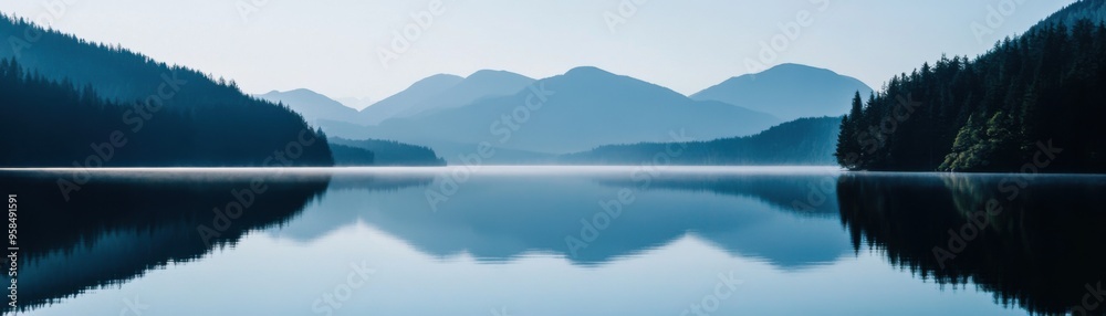 A serene landscape featuring a calm lake surrounded by majestic mountains under a clear blue sky. A serene landscape featuring a calm lake surrounded by majestic mountains under a clear blue sky.