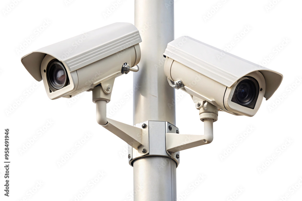 Two white, cylindrical CCTV cameras mounted on a metal pole, isolated on a transparent background. They face in opposite directions, positioned for wide-area surveillance coverage Two white, cylindrical CCTV cameras mounted on a metal pole, isolated on a transparent background. They face in opposite directions, positioned for wide-area surveillance coverage