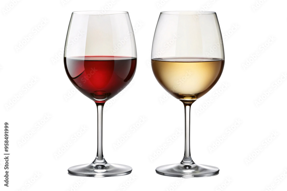 Two wine glasses, one filled with red wine and the other with white wine. The reflections add depth, with a transparent background enhancing their shape and liquid clarity Two wine glasses, one filled with red wine and the other with white wine. The reflections add depth, with a transparent background enhancing their shape and liquid clarity