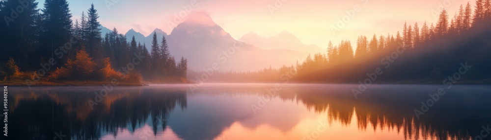 Fototapeta premium A stunning sunrise reflecting over a tranquil lake, surrounded by majestic mountains and lush forests, creating a serene natural landscape.
