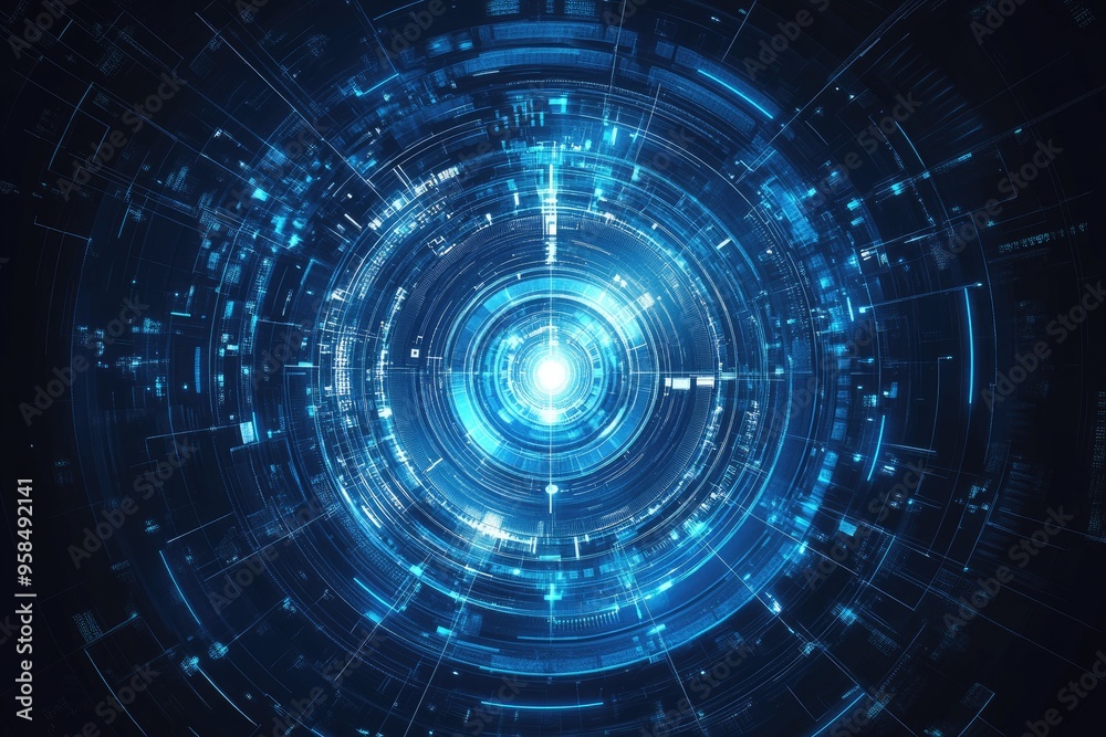 Line art illustration of a bright blue and white circular design representing a futuristic technology theme in an abstract graphic style Line art illustration of a bright blue and white circular design representing a futuristic technology theme in an abstract graphic style