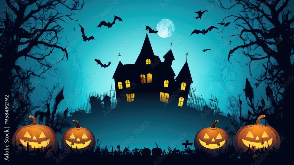 Halloween background with pumpkins and haunted house Halloween background with pumpkins and haunted house