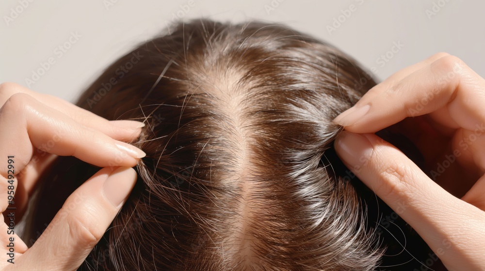 Fototapeta premium Close-up dermatologist examines woman's scalp visible hair thinning and miniaturization alopecia, female hair loss awareness