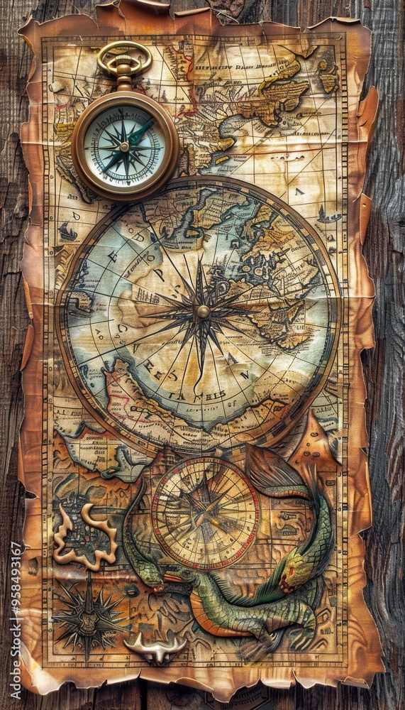 Obraz premium Antique Compass and Map with Sea Dragons