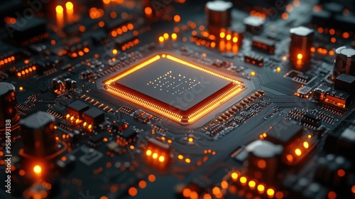 Close-up of a glowing CPU on a circuit board