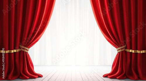 Realistic red velvet curtains opening on transparent background