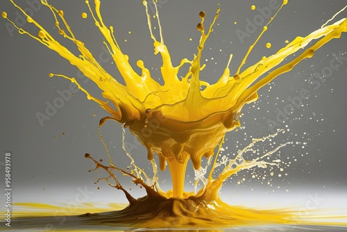 Vibrant Yellow Dye Explosion on White Background with Artistic Liquid Splashes photo