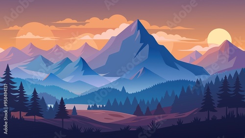 illustration of serene mountain landscape at sunset photo