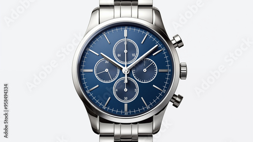 Minimalist Silver Chronograph Watch With Blue Face Stainless Steel Band photo