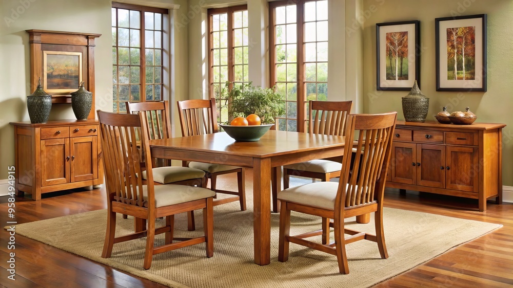 A warm and inviting atmosphere is created by the dining set's long, sturdy legs and warm, golden-brown tones