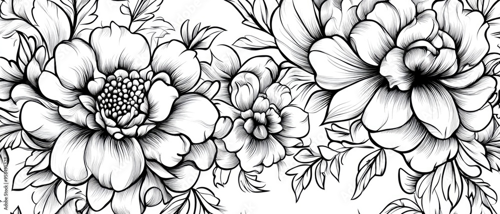 Line art illustration featuring a black and white floral pattern design