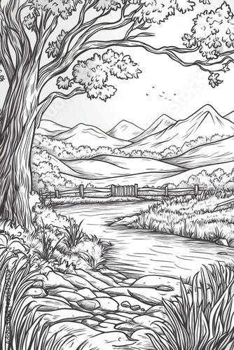 Line art illustration depicting a beautiful sunrise in a serene rural landscape