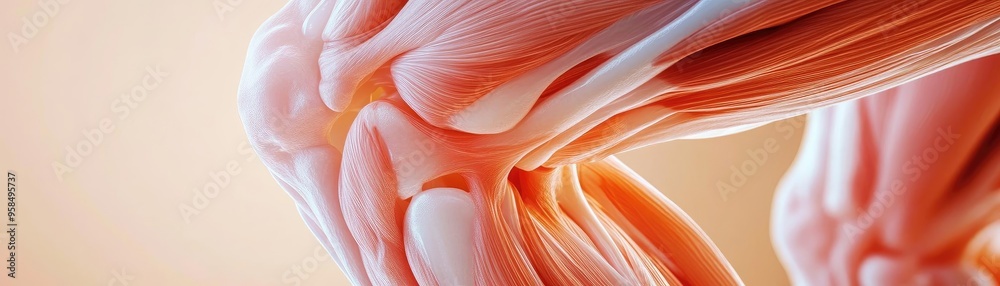 Close-up of a human muscle showcasing its intricate structure and texture, emphasizing strength and anatomy in a vibrant tone. Close-up of a human muscle showcasing its intricate structure and texture, emphasizing strength and anatomy in a vibrant tone.