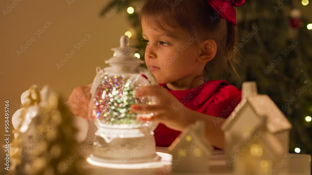 New Year's toys, decorations and garlands. Girl plays near the Christmas tree. Beautiful bokeh and light reflections. New Year's toys, decorations and garlands. Girl plays near the Christmas tree. Beautiful bokeh and light reflections.