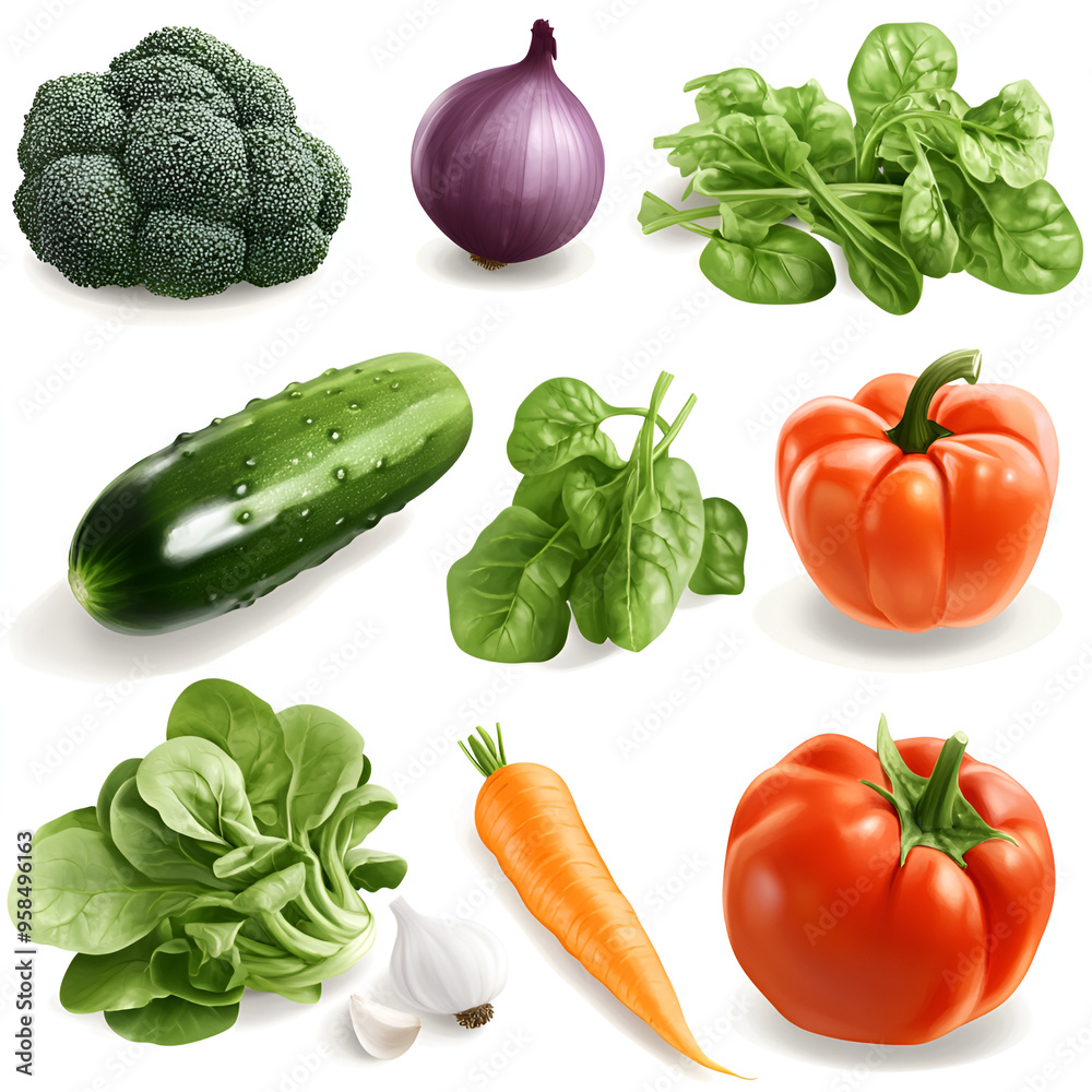 A realistic assortment of fresh vegetables isolated on a clean white background. A realistic assortment of fresh vegetables isolated on a clean white background.