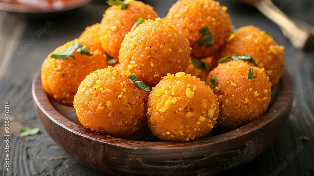 Indian Traditional Sweet motichoor laddoo in plate, selective focus image.