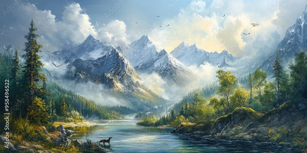 Oil painting depicting a picturesque mountain landscape with forests a river sunlight clouds and wildlife showcasing the beauty of nature Oil painting depicting a picturesque mountain landscape with forests a river sunlight clouds and wildlife showcasing the beauty of nature