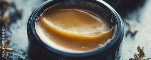 A close-up view of a creamy balm in a dark jar, showcasing its smooth texture and rich color, ideal for skincare and wellness themes. photo