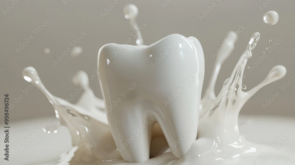 White tooth formed by a milk splash, highlighting the benefits of calcium for children growth and high protein intake. White tooth formed by a milk splash, highlighting the benefits of calcium for children growth and high protein intake.