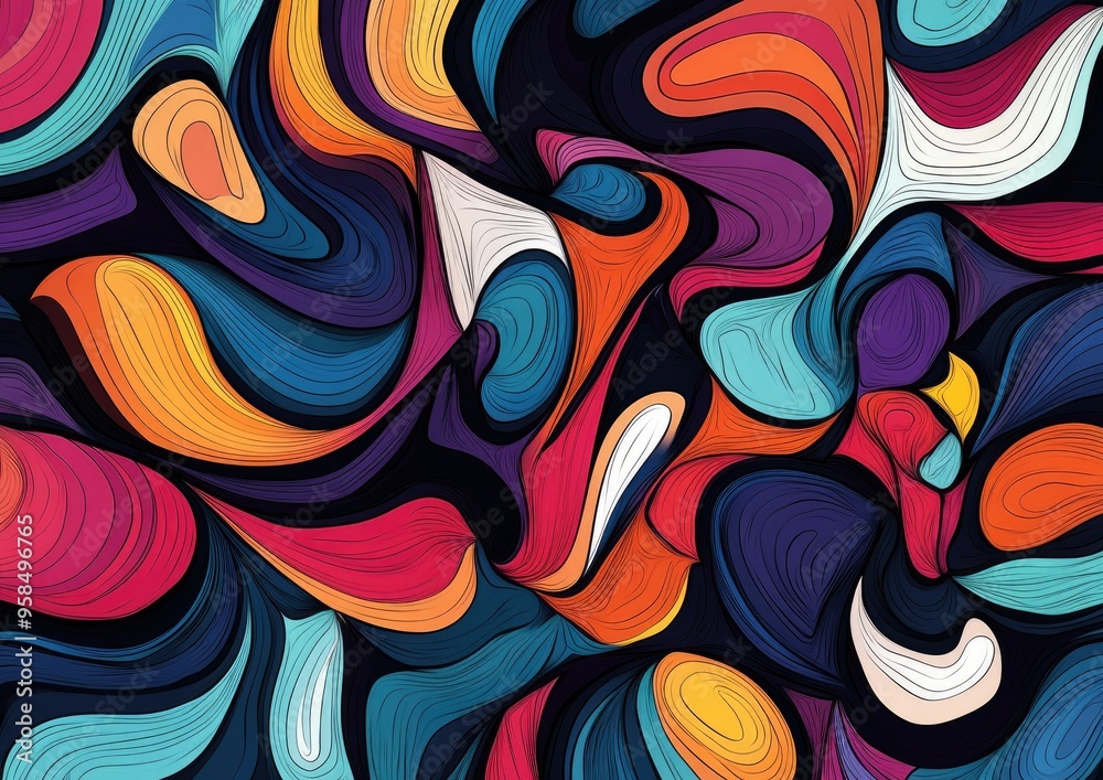 Colorful layered line art illustration featuring a technically enhanced abstract pattern Colorful layered line art illustration featuring a technically enhanced abstract pattern