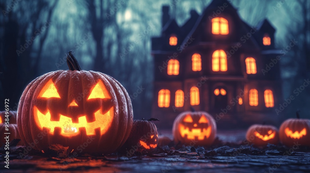 Halloween background with pumpkins and haunted house Halloween background with pumpkins and haunted house