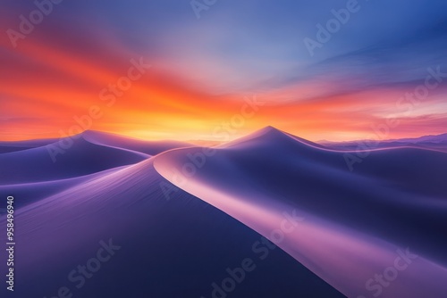 A serene desert landscape at sunset, showcasing rolling sand dunes and vibrant sky colors.