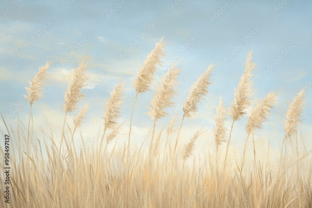 Oil painting depicting dry yellow gray reeds against a sky backdrop showcasing a serene natural scene with subtle color tones Oil painting depicting dry yellow gray reeds against a sky backdrop showcasing a serene natural scene with subtle color tones