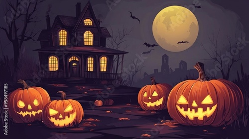 Halloween background with pumpkins and haunted house